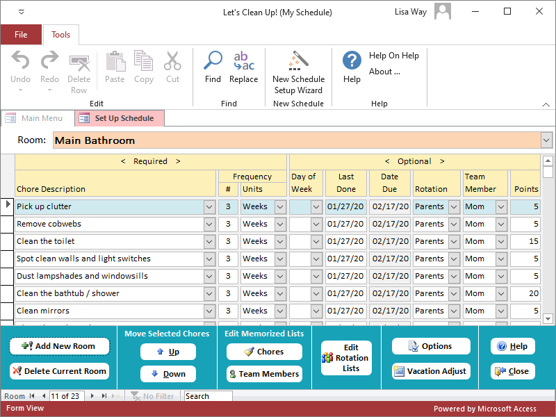 Let’s Clean Up! Set Up Schedule Screen